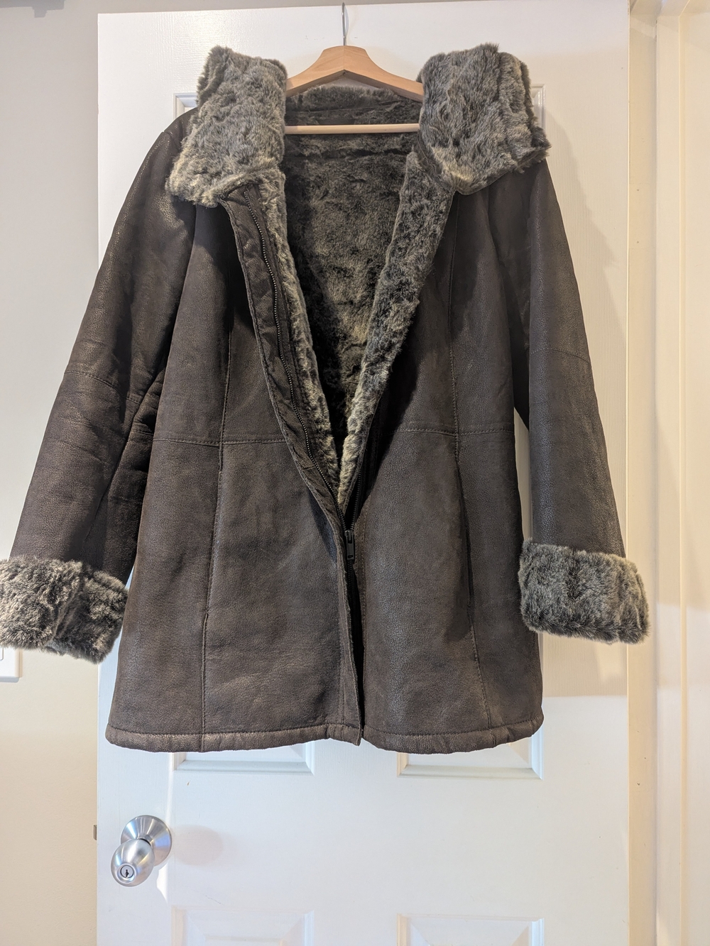 Vintage Danier Leather Hooded Jacket Faux Fur Lined Brown Penny Lane Coat Y2K L